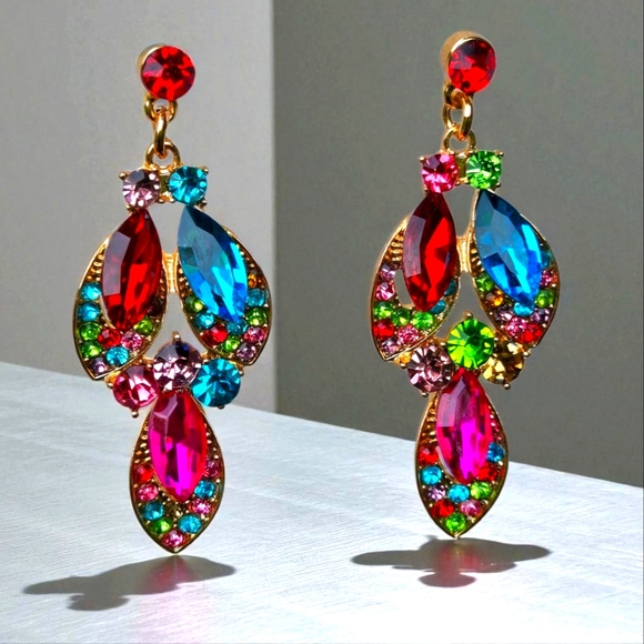 Jewelry - Colorful Crystal Rehniestone Drop Earrings Green Purple Red Blue Pink Goldtone